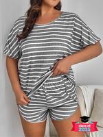 【 Plus Size】 Striped Print Tee & Shorts Pajama Two-piece Set, Casual Comfy Round Neck Short Sleeve T-shirt & Shorts Pj Se...