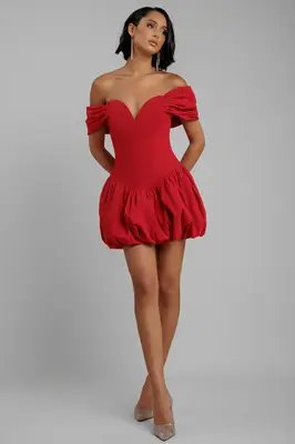 Goddiva Bardot Babydoll Corset Mini Dress - Red