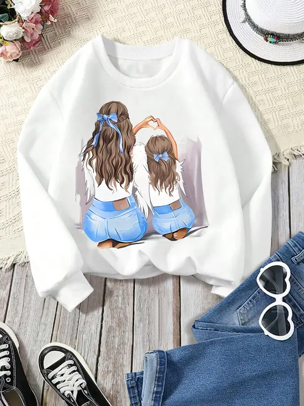 Girl's Cartoon Print Drop Shoulder Thermal Lined Sweatshirt, Casual Long Sleeve Round Neck Pullover for Fall & Winter, Kids C...