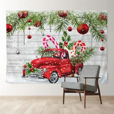 Aperturee Pine Leaves Red Car Baubles Wood Xmas Backdrop
