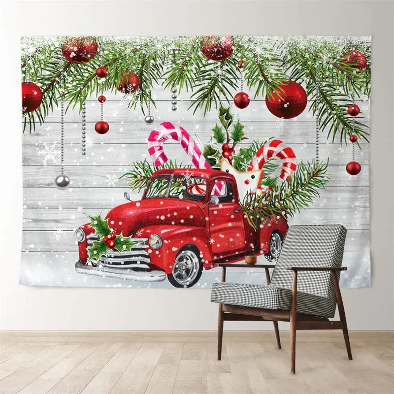 Aperturee Pine Leaves Red Car Baubles Wood Xmas Backdrop