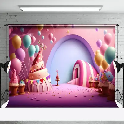 Pink Candyland Balloon Girl Cake Smash Backdrop - Aperturee