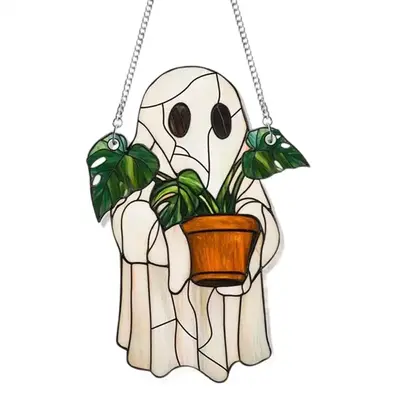 Cute Ghost Plant Suncatcher - Ghost and Monstera Acrylic Ornament, Perfect Halloween Hanging Decor, Ideal Gift for Plant Love...