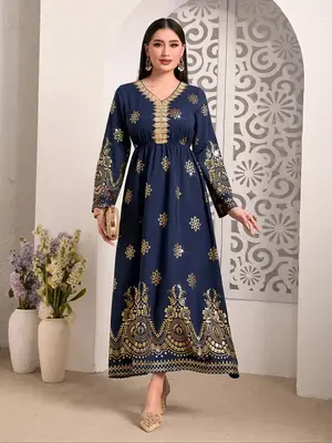 Women's Ethnic Pattern Ruched V Neck Arabian Dress, Boho Fashion Long Sleeve A Line Dress for Daily Holiday Vacation, Ladies ...