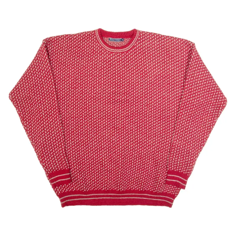 WOOLOVERS Mens Patterned Jumper Red Houndstooth Chunky Knit Wool 2XL