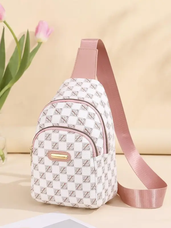 Women's Fashionable Plain Geometric Pattern Zipper Fanny Pack, Casual Pu Leather Sling Bag for Daily Used, Trendy Versatile H...