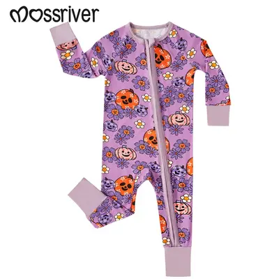 MOSSRIVER HalloweenBaby Bamboo Sleepwear - Long-Sleeve Footed Pajamas with Purple Chrysanthemum Pumpkin Print & Double Zipper...