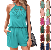 FMEYOA Womens Rompers Casual Summer Rompers Short Halter Jumpsuits Solid Color Elastic Waist Outfits with Pockets Cotton Wome...