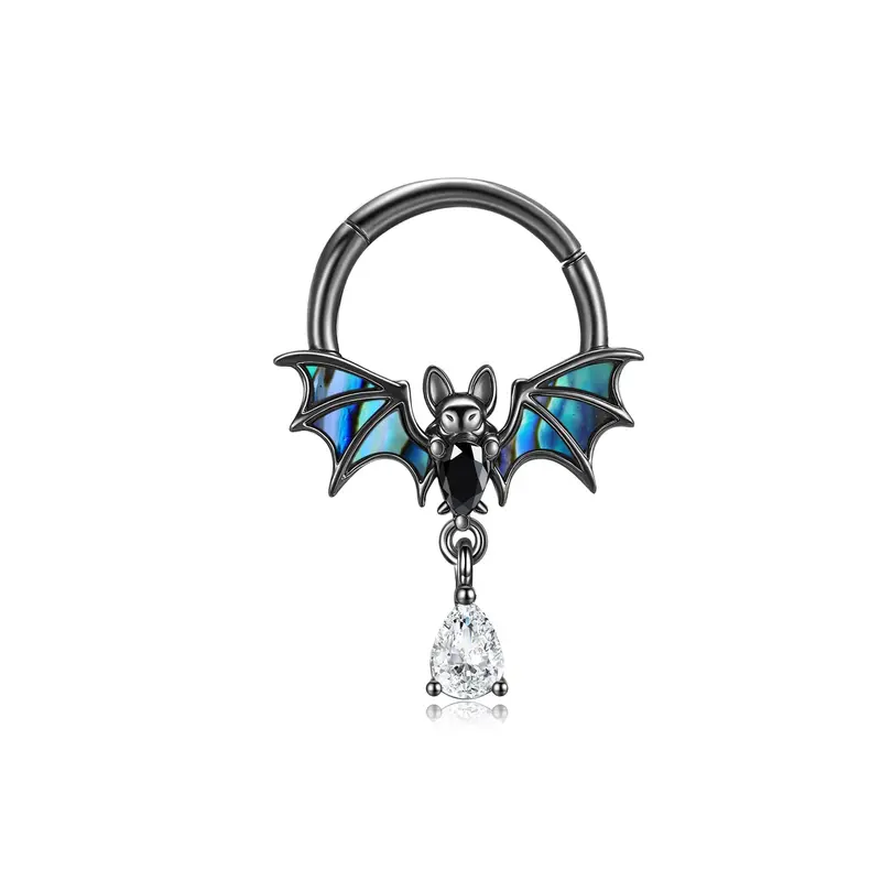 Sterling Silver with Black Color Plated Abalone Shellfish Bat Nose Ring