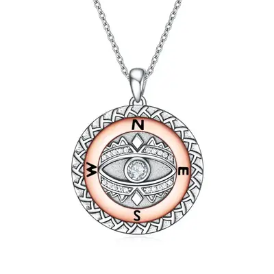 Sterling Silver Two-tone Cubic Zirconia Compass Pendant Necklace