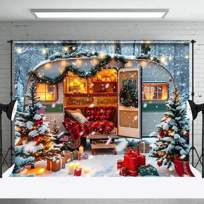 Festive Camper Van Merry Christmas Warm Backdrop - Aperturee