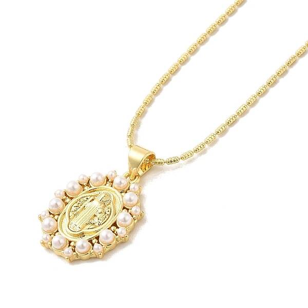 Oval with Virgin Mary Pattern Brass & Resin Pearl Pendant Necklaces for Women