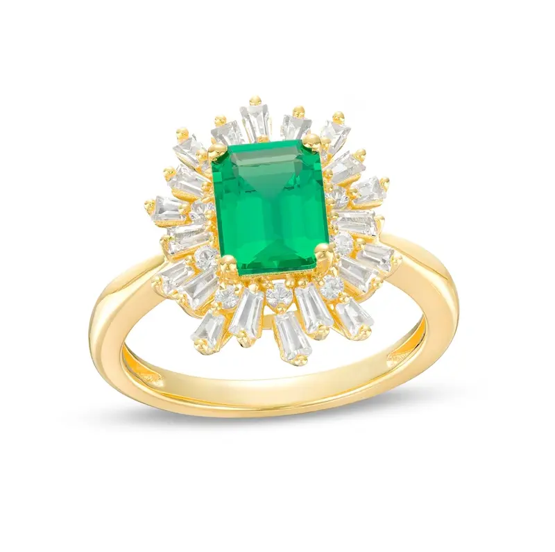 10K Gold Emerald Cut Emerald & Diamond Starburst Frame Engagement Band