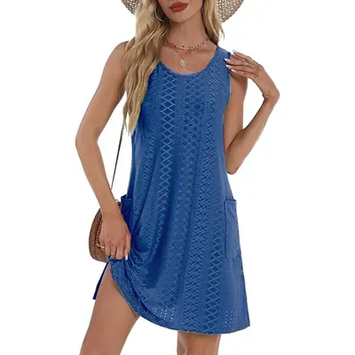 Coverup Summer Dresses for Women 2025 Eyelet Casual Loose Sleeveless Sundresses Tank Dresses with Pockets