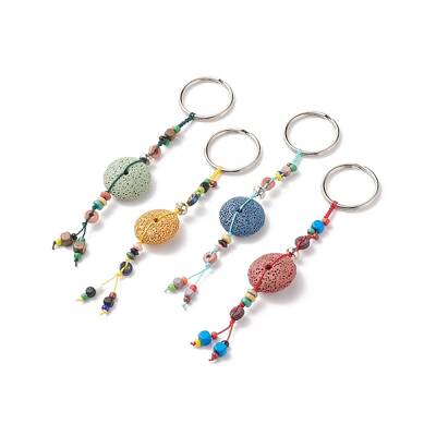 Flat Round Natural Lava Rock Beads Keychain