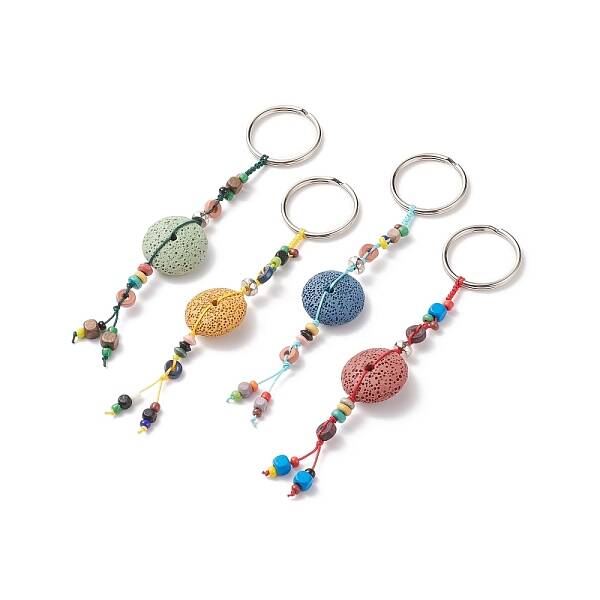 Flat Round Natural Lava Rock Beads Keychain