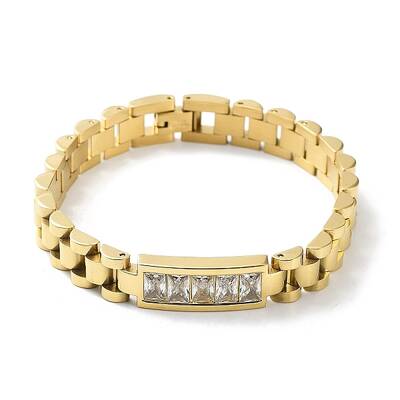 304 Stainless Steel Link Chain Bracelets with Clear Cubic Zirconia