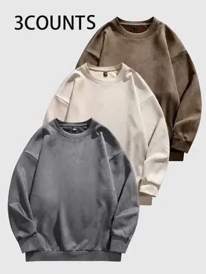 Men's Solid Drop Shoulder Suede Sweatshirt, Casual Regular Fit Long Sleeve Round Neck Pullover for Fall & Winter, Men's Cloth...