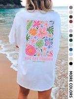 Women's Floral & Letter Print Drop Shoulder Tee, 90s Graphic Tees, Fashion Casual Short Sleeve Round Neck T-shirt for Summer,...