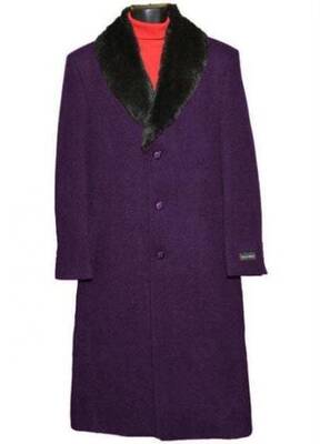 Moscow: MEN'S FUR COLLAR DARK PURPLE 3 BUTTON SINGLE BREASTED WOOL FULL LENGTH OVERCOAT