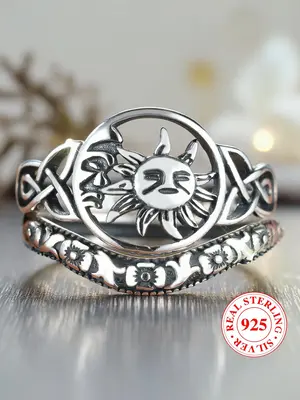 925 Sterling Silver Vintage Hollow Out Sun & Moon Design Ring, Fashion Accessories for Both Men & Women, Trendy All-match & E...