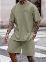 Men's Letter Pattern Tee & Shorts Set, Loose Casual Round Neck Short Sleeve T-shirt & Track Shorts, Summer Men Clothes Set fo...
