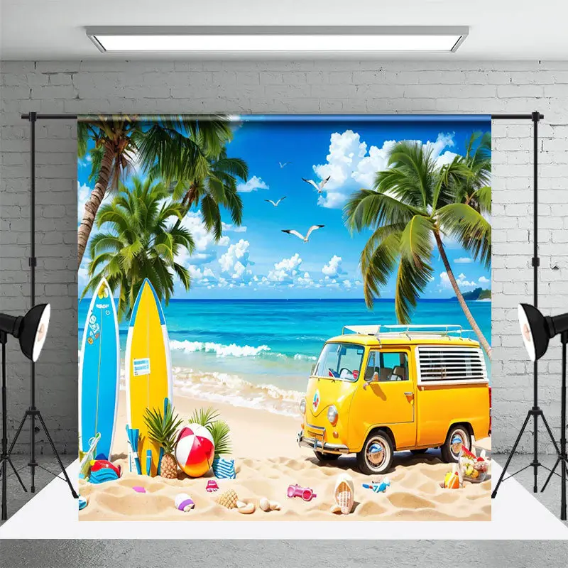 Hawaii Beach Blue Sky Bus Surfboard Summer Backdrop - Aperturee