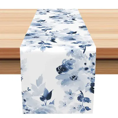 Blue Floral Leaves Watercolor Fabric Table Runner - Aperturee