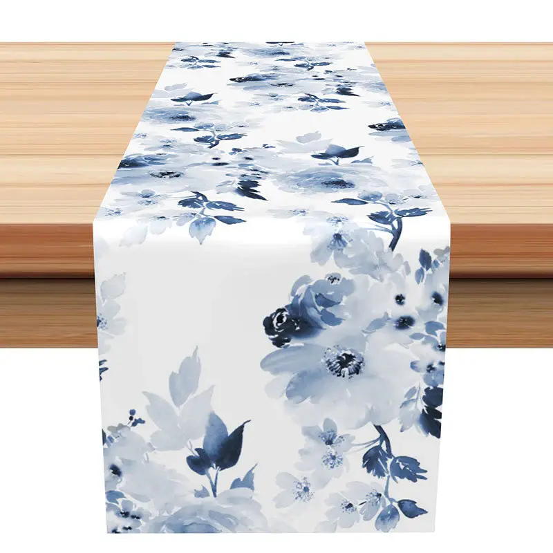 Blue Floral Leaves Watercolor Fabric Table Runner - Aperturee