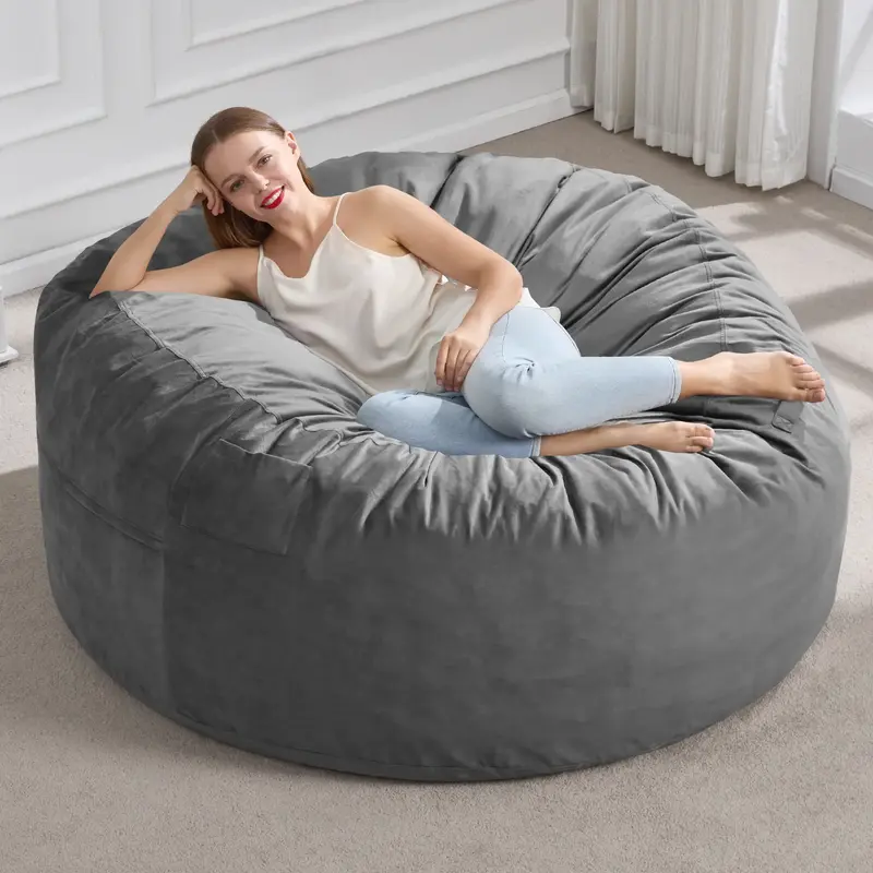 2.5/3/4/5FT Lazy Sofa Bean Bag Chair with Velvet Cover, Memory Foam Filled with Removable Cover Fluffy Bean Bag Chairs Home D...