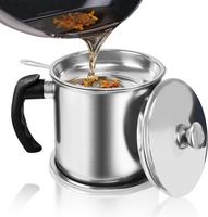 Container With Strainer,1.3L(46 fl. oz.) Kitchen Stainless Steel Oil Container Can with Strainer and Anti-slip coaster tray f...