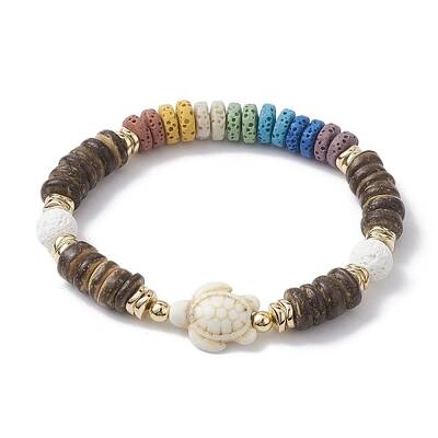 Dyed Natural Lava Rock & Coconut & Synthetic Turquoise Beaded Stretch Bracelet