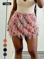 2025 Trendy, Women's All Over Print Fringe Bodycon Skirt, Slim Fit Casual Fashion High Waist Mini Skirt for Daily Outdoor W...