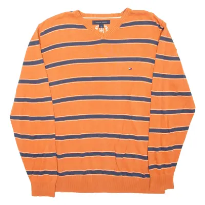 TOMMY HILFIGER Mens Patterned Jumper Orange Striped V-Neck Tight Knit L