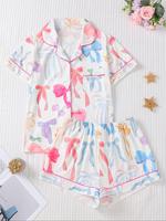 Women's All Over Bow Print Button Front Shirt & Shorts Pyjama Set, Comfort Two-piece Pj Set for Homewear, Women's Sleepwear f...
