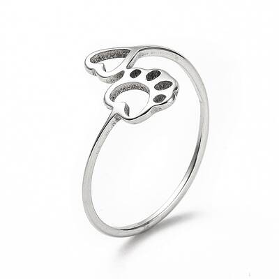 Non-Tarnish 201 Stainless Steel Paw Print and Heart Finger Ring