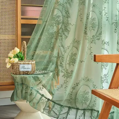 Vintage Floral Embroidery Curtain Blinds for Room Decor, 1 Count Semi-transparent Window Curtain with Ruffles, Attached Valan...