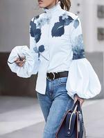 Women's Floral & Leaf Print Button Decor Shirts, Casual Elegant Bishop Sleeve Top for Daily Wear, Ladies Clothes for All Sea...