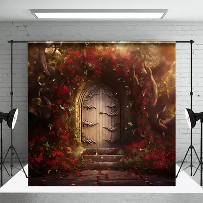 Red Floral Vine Luxury Wooden Door Photo Backdrop - Aperturee