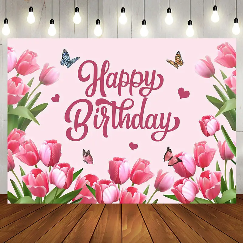 Pink Tulip Floral Spring Happy Birthday Backdrop