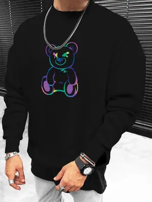 Men's Cartoon Bear Print Drop Shoulder Sweatshirt, Crewneck Sweatshirt, Regular Fit Casual Long Sleeve Round Neck Pullover...