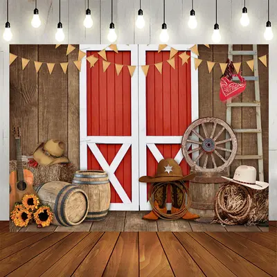 Aperturee Red Door Wood Western Cowboy Baby Shower Backdrop