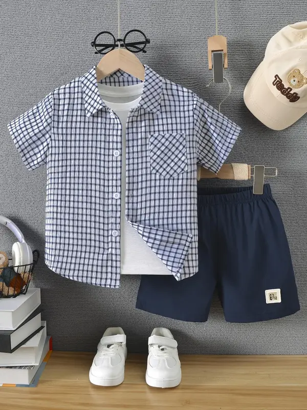 Two-piece Set Boy's Plaid Print Short Sleeve Shirt & Solid Shorts, Casual Summer Clothes for Kids, Kids Clothing for Daily We...