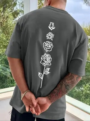 Men's Regular Fit Floral Print Round Neck Tee, Casual Short Sleeve Crew Neck T-Shirt for Summer, Fashion Men's Top for Daily ...