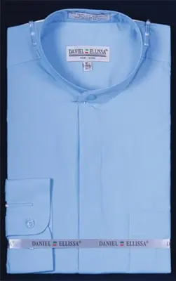 Banded Preacher Round Style Mandarin Collarless Light Blue Oriental Mao Chines Style Men's Dress Shirt