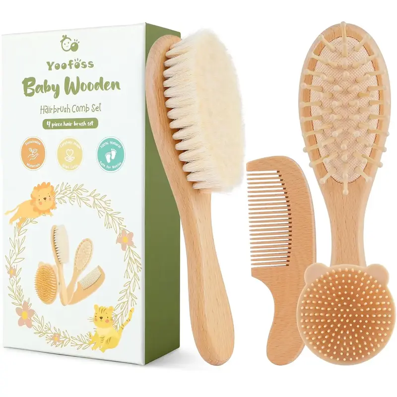 Yoofoss 4 Piece Baby Brush and Comb Set, Wooden Baby Brush with Natural Ultra Soft Goat Hair, Baby Hair Brush for Newborn, Ba...