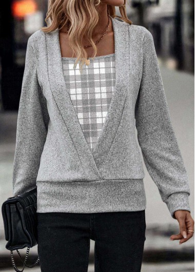 Modlily Light Grey Marl Fake 2in1 Plaid Long Sleeve Sweatshirt - M