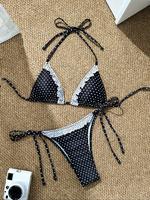 Two-piece Set Women's Polka Dot Print Bikini Set, Casual Fashion Chic Tie Back Swim Bra & Tie Side Swim Panty, Ladies Swimsui...
