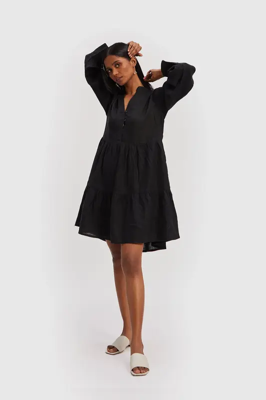 V-neck Tiered Dress in Black | Color: Black | Size: XS