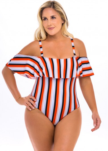 Modlily Plus Size Striped Cold Shoulder One Piece Swimwear - 4X